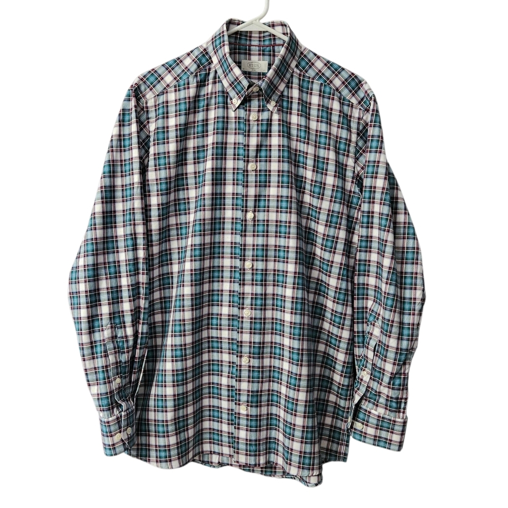 Eton Men's Plaid Button Down Shirt Slim Fit Size 17 Long Sleeve Plaid Blue Geen